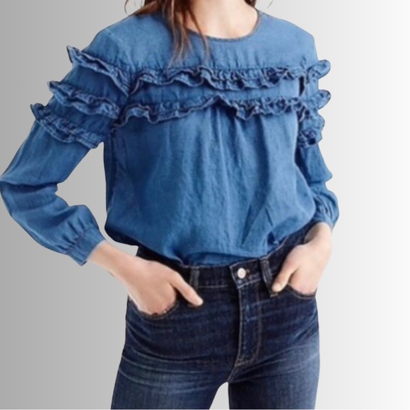 J. Crew Chambray Long Sleeve Ruffle Tier Top, Long Sleeve Top, 100% Cotton, 00 - Picture 1 of 12